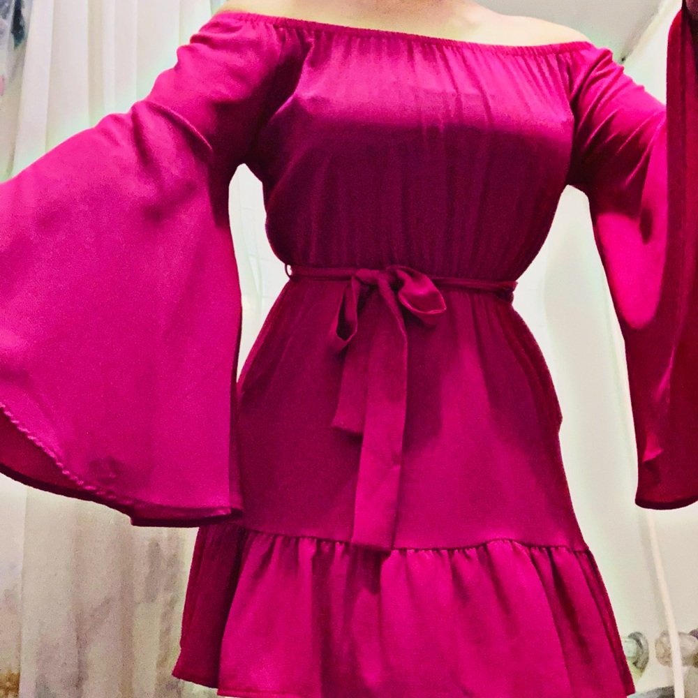 Vici Boho Flow Mini Dress Off The Shoulder Bow Tie Up Magenta